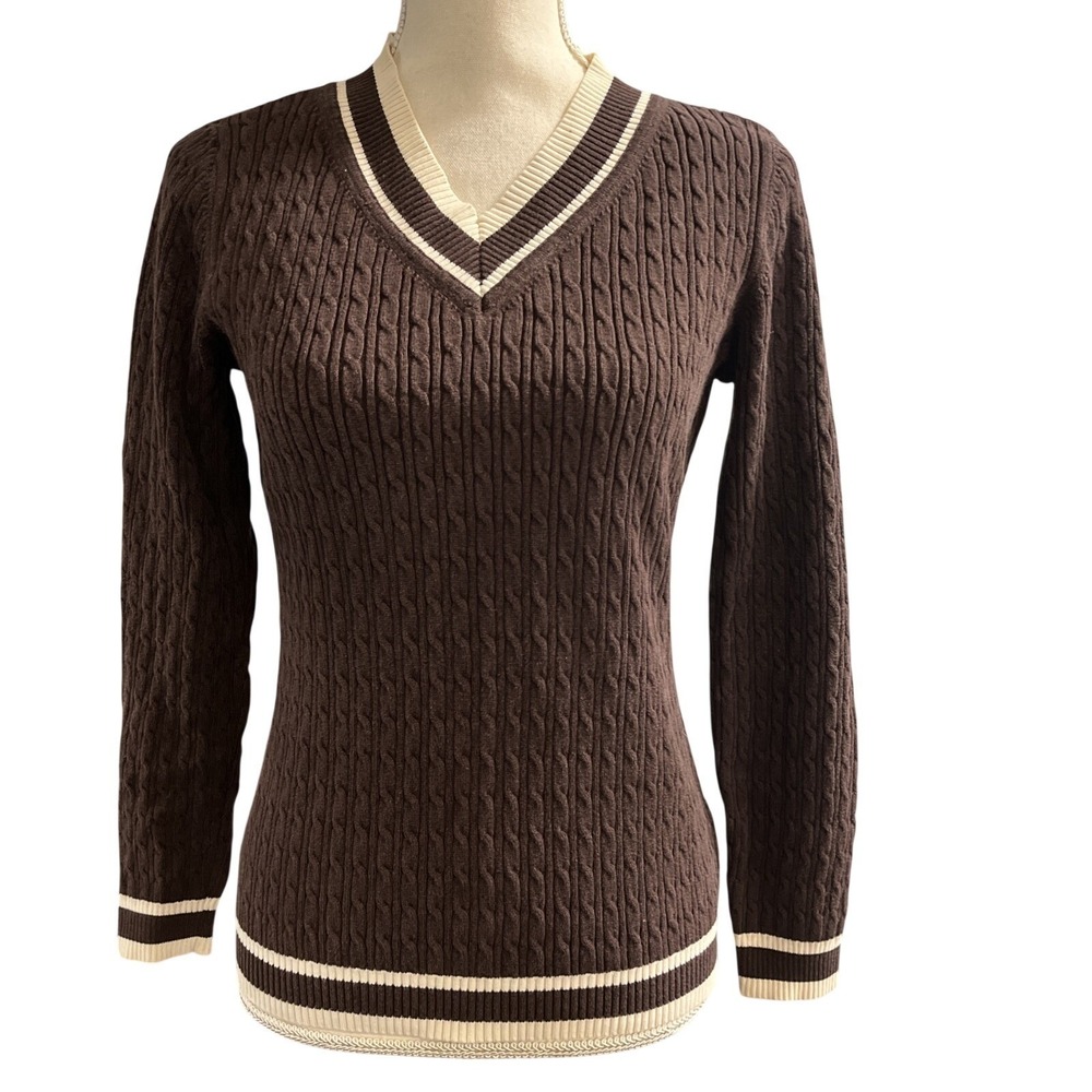 Vintage Liz Claiborne Y2K Sweater Brown Cable Knit Fitted Size M V Neck Tennis